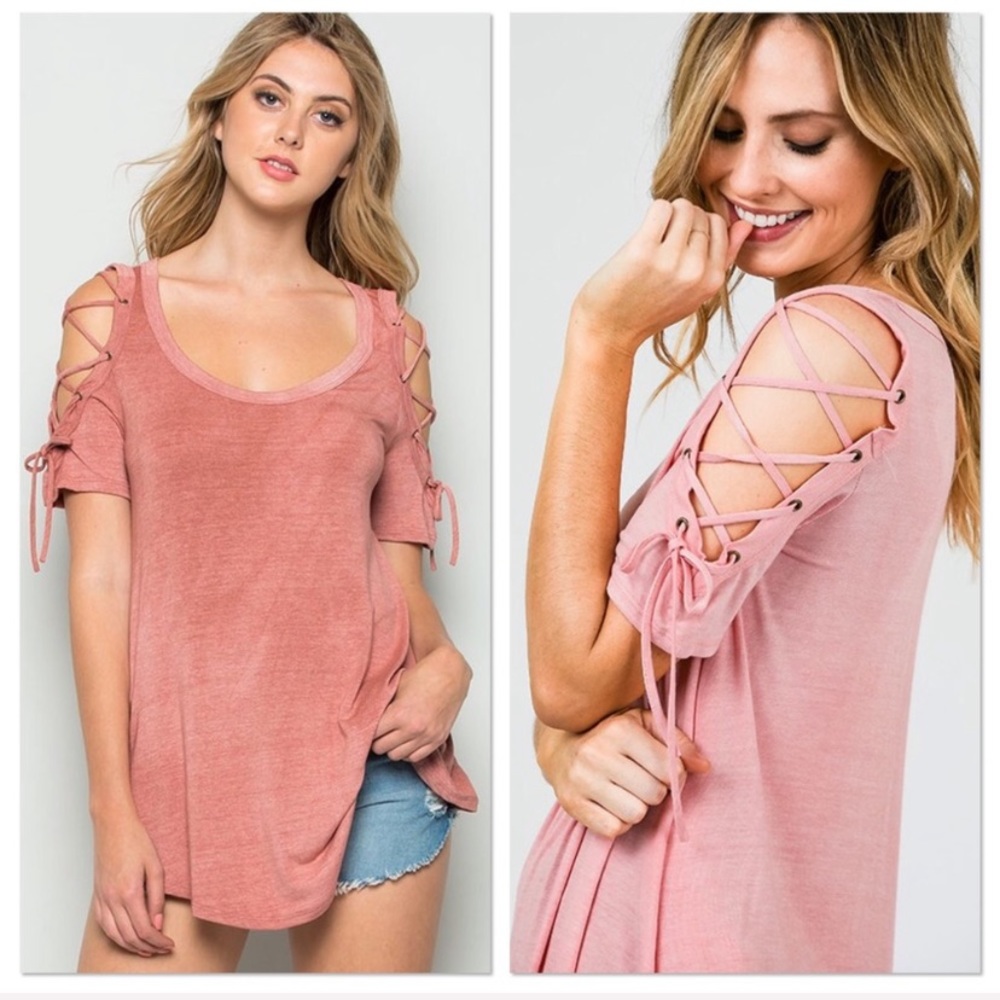 Coral Rose Grommet Lace Up Top - Picture 2 of 7